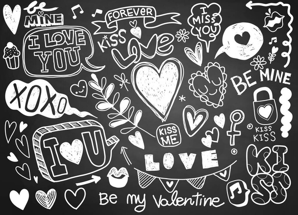 Liebe Doodles Hintergrund, Skizzenhafte handgezeichnete Doodles Cartoon-Set von Liebe und Valentinstag Objekte und Symbole - Vektor, Bild