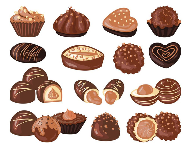 A set of chocolates of various flavors and shapes. Vector illustration isolated on white background. For postcards, invitations, shop, cafe, banner, advertising. - Διάνυσμα, εικόνα