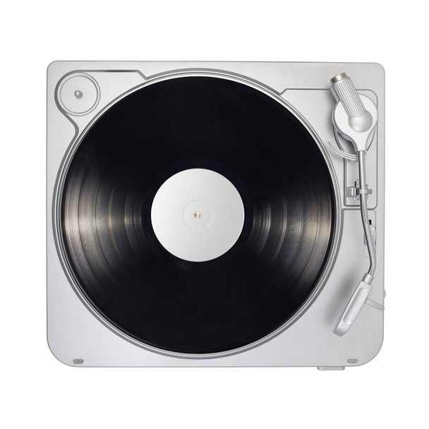 Turntable with long play or LP vinyl record isolated on white background. Top view. - Foto, Imagen