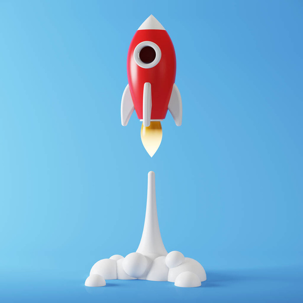 ロケットは青い背景で打ち上げられます。市場にビジネス製品を起動します。3Dレンダリング. - 写真・画像