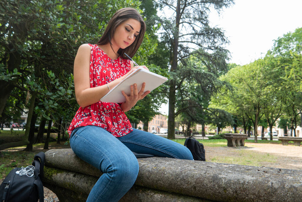 Portret van een studente die in een park studeert - Foto, afbeelding