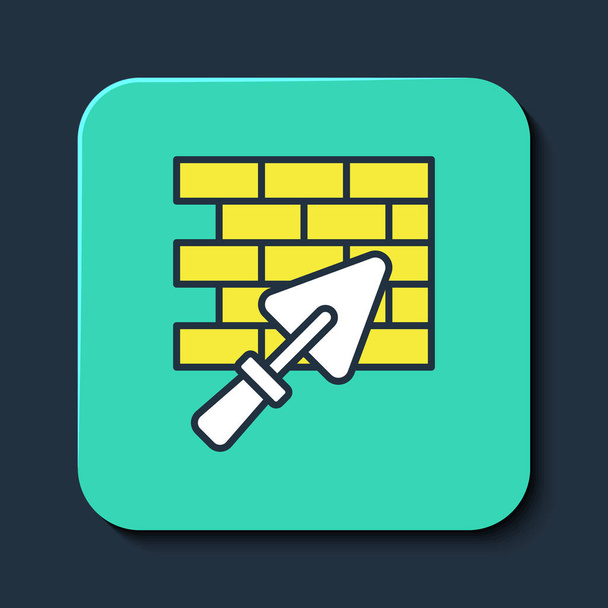 Filled outline Brick wall with trowel icon isolated on blue background. Turquoise square button. Vector - Vector, Image