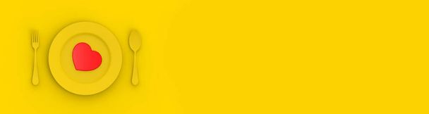Sarı arka planda sarı plaka var. Tabağın yanında sarı kaşık ve çatal var. Kırmızı kalp tabakta. Yatay görüntü. 3 boyutlu görüntü. 3B görüntüleme. - Fotoğraf, Görsel