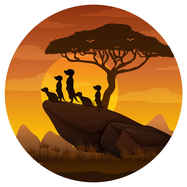 Meerkat familie silhouet in savanne bos illustratie - Vector, afbeelding