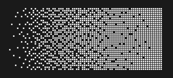 Sfondo disintegrazione pixel. Effetto decadimento. Modello punteggiato sparso. Concetto di disintegrazione. Texture astratta del mosaico pixel con semplici particelle quadrate. Illustrazione vettoriale su sfondo nero - Vettoriali, immagini