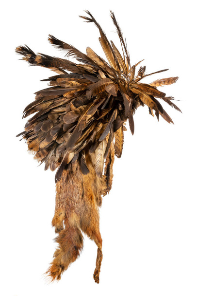 Réplica de um velho capô feito de pele de raposa e penas de moela dos índios norte-americanos - Foto, Imagem