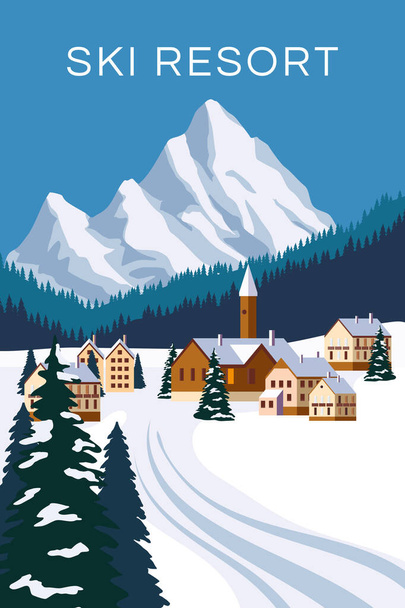 Bergvintage wintersportplaats dorp Alpen, Zwitserland. Sneeuwlandschap pieken, hellingen. Reizen retro poster, vector illustratie - Vector, afbeelding