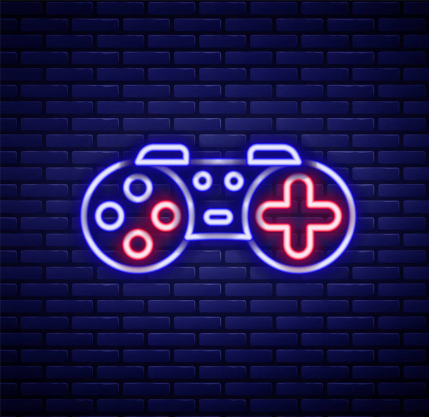 Świecąca neonowa ikona Gamepad odizolowana na ceglanym tle ściany. Kontroler gry. Kolorowy koncept. Wektor - Wektor, obraz