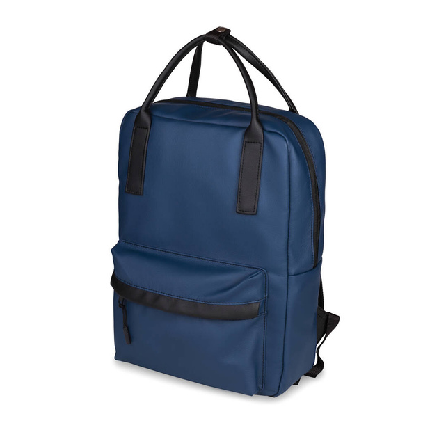 Современный синий рюкзак с двумя ручками и передним карманом на белом фоне - Фото, изображение