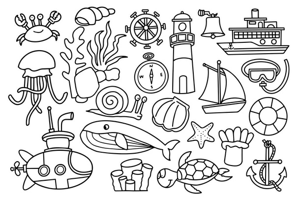 doodle design nautical theme vector illustration of marine animals, ships and others - Vetor, Imagem