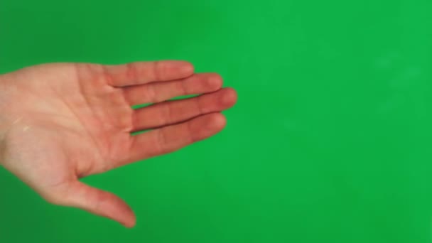 15 жестов ладони для управления сенсорным экраном с мужской белой рукой на зеленом экране - Кадры, видео