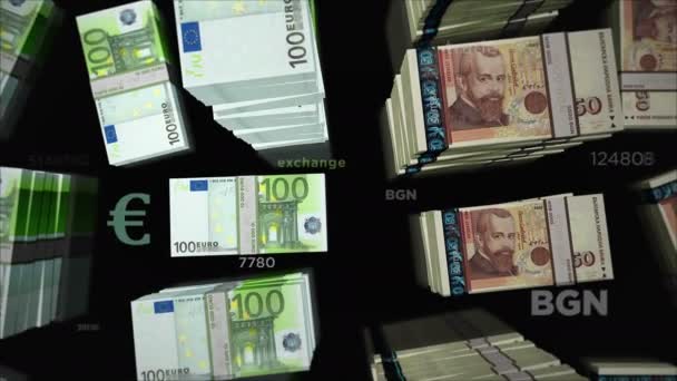 Euro ve Bulgaristan Lev para değişimi yapıyor. Kağıt banknotlar tomar tomar. Ticaret, ekonomi, rekabet, kriz, bankacılık ve finans kavramı. Döngüsüz 3D canlandırma notaları. - Video, Çekim