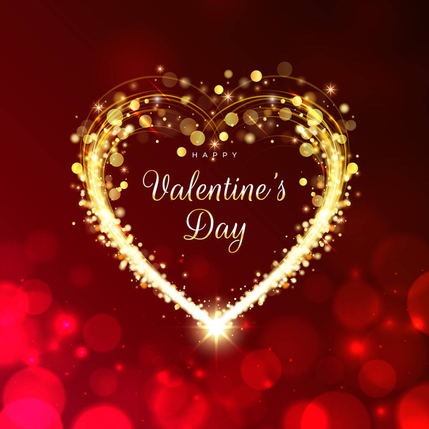 Happy valentines day romantic greeting card. Golden heart. Holiday banner. Bokeh valentine background. Gold particle frame. Sparkling heart copy space for text on red background. Vector illustration - Vecteur, image