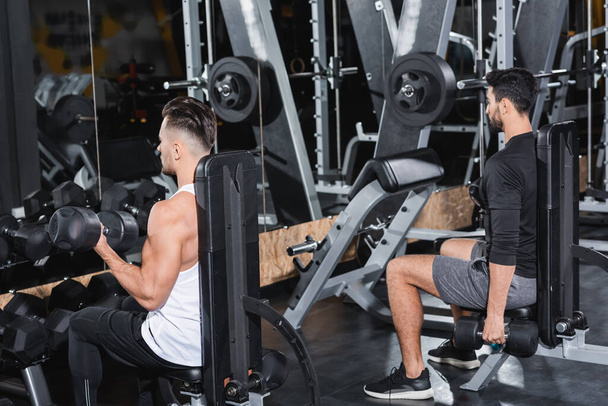 Multiethnic athletic sportsmen training with dumbbells near sports equipment in gym   - Photo, Image