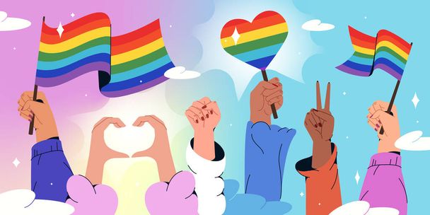 Плоские руки с радужными флагами символизируют ЛГБТ - Вектор,изображение