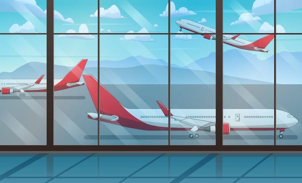 Pokoj se skleněnými stěnami a létajícím letadlem za oknem - Vektor, obrázek
