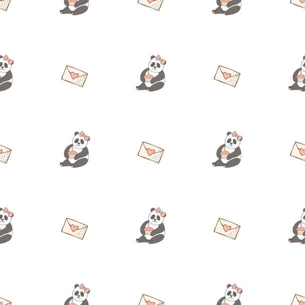 Hand drawn cute animals. Seamless pattern. Panda, cupcake with candle, envelope with heart. White background. Vector. - Vector, afbeelding