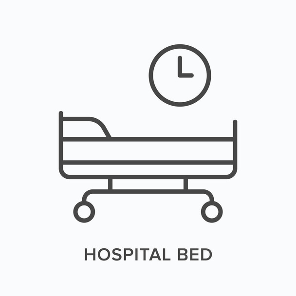 Hospital bed flat line icon. Vector outline illustration of clinical gurney. Black thin linear pictogram for hospital equipment - Vector, Image
