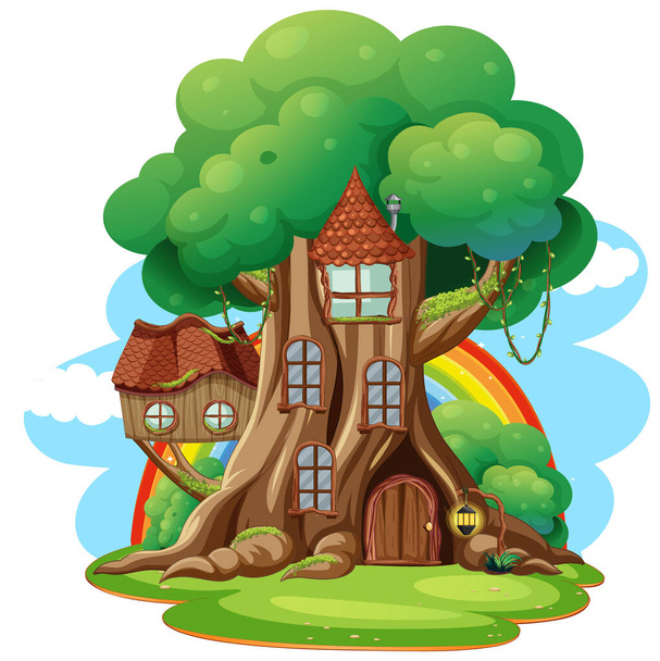 Fantasy albero casa dentro albero tronco illustrazione - Vettoriali, immagini