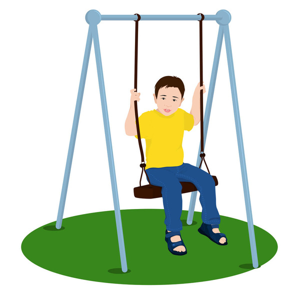 ilustración vectorial de un niño con ropa de verano balanceándose sobre un columpio, aislado sobre un fondo blanco - Vector, Imagen