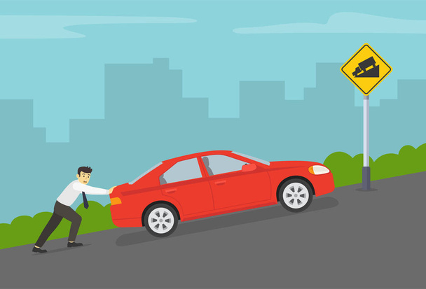 Οδηγώντας ένα αυτοκίνητο σε βαθμούς και λόφους. Επιχειρηματίας ή διευθυντής πιέζει ένα σπασμένο κόκκινο αυτοκίνητο sedan μέχρι το λόφο από δρόμο της πόλης. Απότομη ανάβαση ή κατηφορική προειδοποιητική πινακίδα. Επίπεδο πρότυπο εικονογράφησης διανύσματος. - Διάνυσμα, εικόνα