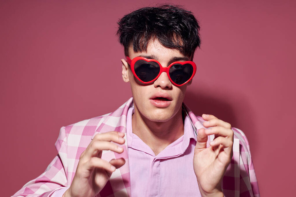 handsome guy sunglasses pink blazer fashion elegant style isolated background unaltered - Φωτογραφία, εικόνα
