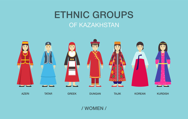 Ethnische Gruppen in Kasachstan. Frauen in traditioneller Kleidung. Flache Vektorabbildung. - Vektor, Bild