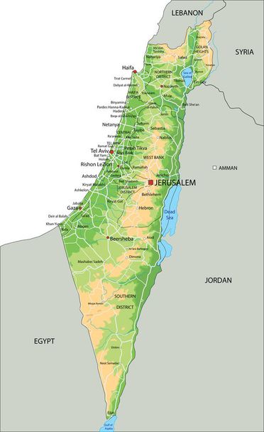 Mapa físico detallado de Israel con etiquetado. - Vector, Imagen