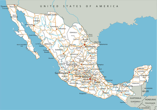 Hoge gedetailleerde Mexico routekaart met etikettering. - Vector, afbeelding