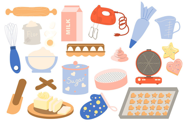 Collezione di prodotti da forno fatti in casa nel design del cartone animato piatto. Utensili da cucina e ingredienti per preparare i dolci. Mattarello, farina, latte, frusta, uova e altri elementi isolati. Illustrazione vettoriale - Vettoriali, immagini