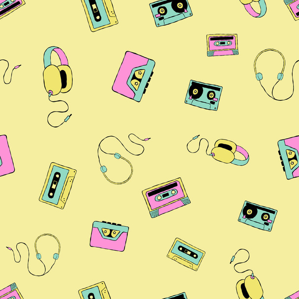 Vector nostalgic 80s 90s retro cassette tape, walkman, and headphones seamless repeat pattern background. Perfect for fabric, wallpaper, wrapping paper, scrapbooking projects. - Vector, Image