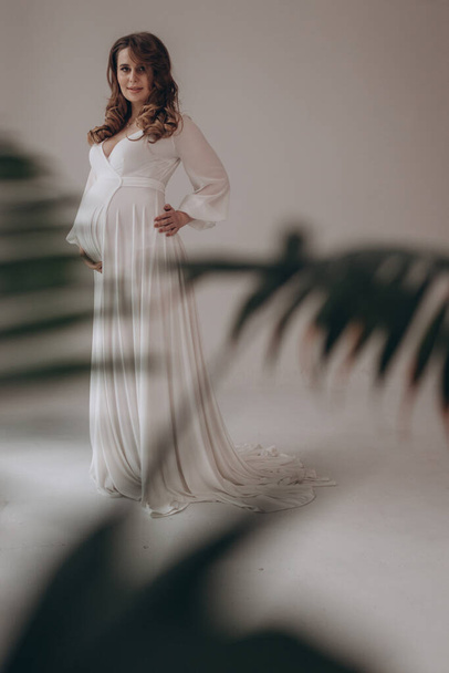Joven hermosa mujer embarazada de lujo posando sobre un fondo sólido y muestra su vientre  - Foto, Imagen
