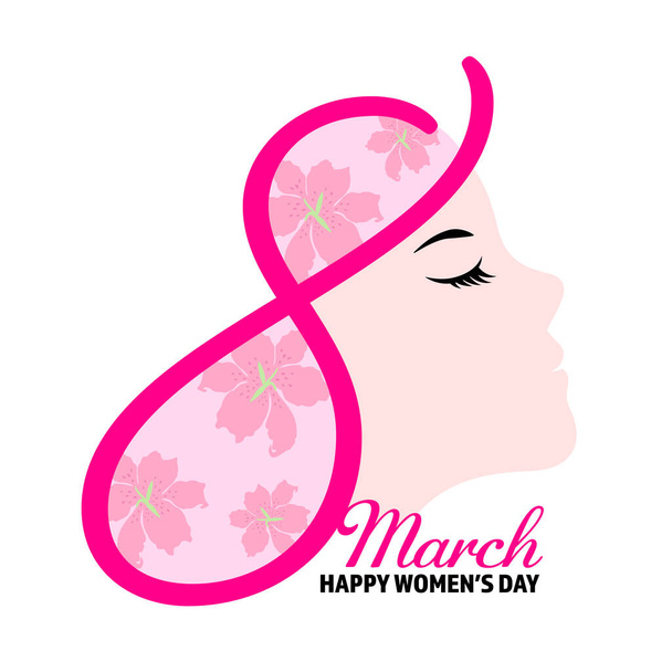 8 march with female face. Happy womens day icon design. Vector illustration. - Vektör, Görsel