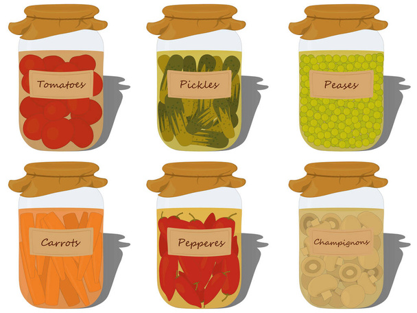 Conserved vegetables in glass jar recipes vector illustration - Vector, Image