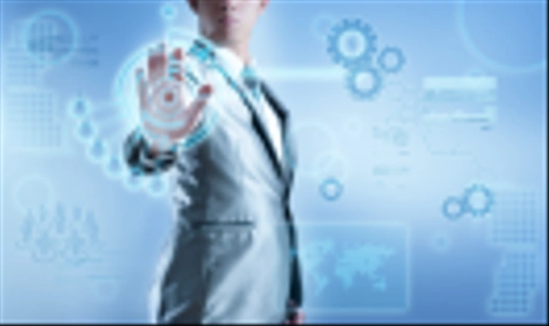 zakenman in blauw grijs pak met hand te drukken op digital vi - Foto, afbeelding