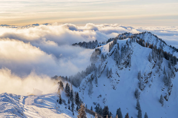 Winterlandscape in the Allgaeu Mountains, view from Hochgrat summit over a sea of fog to the Bregenz Wald mountains, Vorarlberg, Austria, landscape photography - Fotoğraf, Görsel