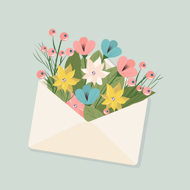 Envelope com flores no interior. Ilustração plana vetorial - Vetor, Imagem