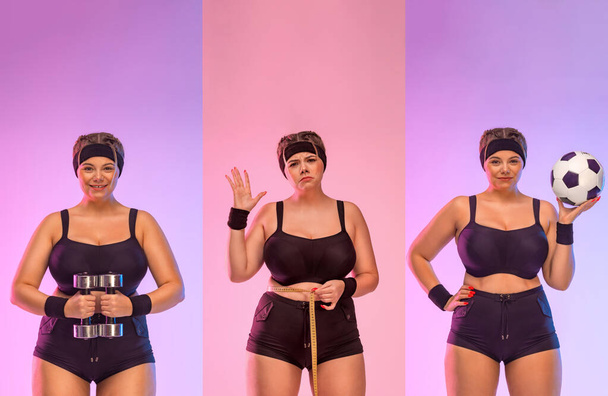 Collage, set of three high resolution fitness photo. Fat woman with dumbbells, ball and measuring tapeBody positive concept. Girl wants to lose weight in gym. - Zdjęcie, obraz