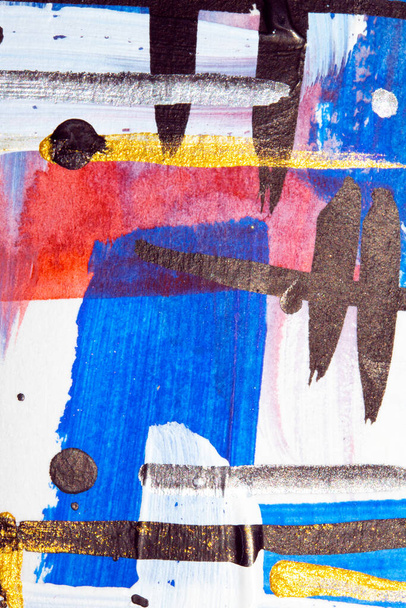 Abstrakcyjna farba akwarelowa i akrylowa linii krzyży i plamy w niebieskim i wielokolorowym tle - Zdjęcie, obraz