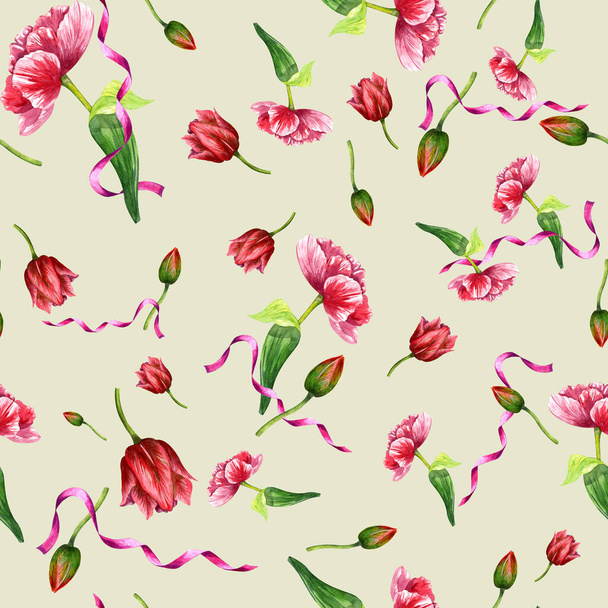 Watercolor pattern with tulips on a light background. Satin ribbons. Pattern for textiles, paper, packaging. Holiday. - Foto, afbeelding