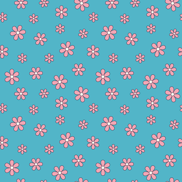   Seamless pattern with pink flowers on a blue background in the cartoon style of the 70s. Vector illustration - Vetor, Imagem