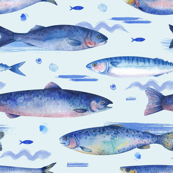 Seamless pattern with marine life. Trout, mackerel, herring and other fish on a blue background. Marine repetitive texture design for fabric, wallpaper - Zdjęcie, obraz