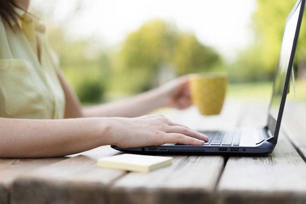 Молодая женщина, использующая ноутбук в общественном парке - Millennial фрилансер обновляет контент на сайте работает удаленно на открытом воздухе - Технологии и дистанционной работы - Мягкий избирательный фокус - Фото, изображение