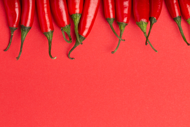 Red hot chilli peppers on minimal red background close up macro flat lay - Photo, Image