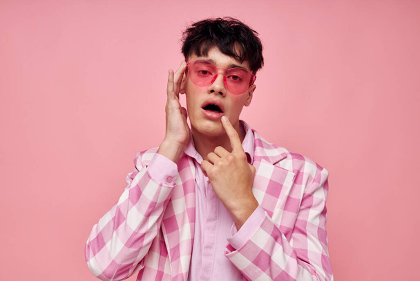 Photo of romantic young boyfriend pink plaid blazer fashion modern style isolated background unaltered - Fotografie, Obrázek