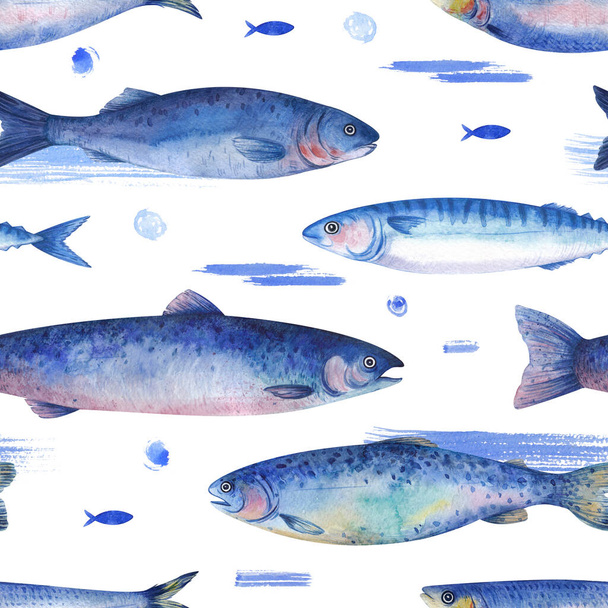 Seamless pattern with marine life. Trout, mackerel, herring and other fish on a white background. Marine repetitive texture design for fabric, wallpaper - 写真・画像