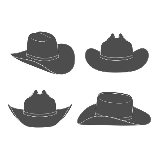 Fekete-fehér illusztrációk cowboy kalapban. Elszigetelt vektor objektumok fehér alapon. - Vektor, kép