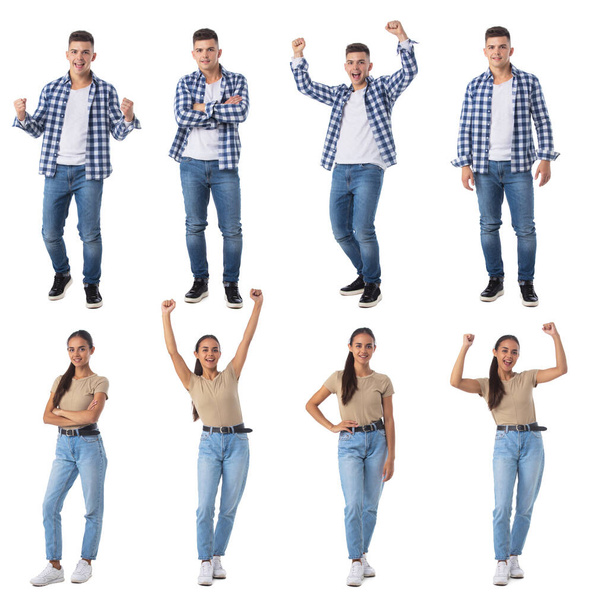 Set of young man and woman portraits, different expressions, design elements isolated on white background - Photo, image