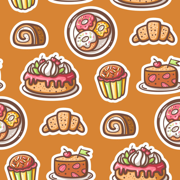 Seamless pattern with sweet pastries. Ve Hand-drawn illustration.  Vector  - Vector, Image