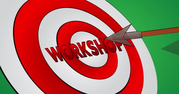 Arrows hit the bull's eye with the text Workshop. Cartoon animation stock video. - Footage, Video